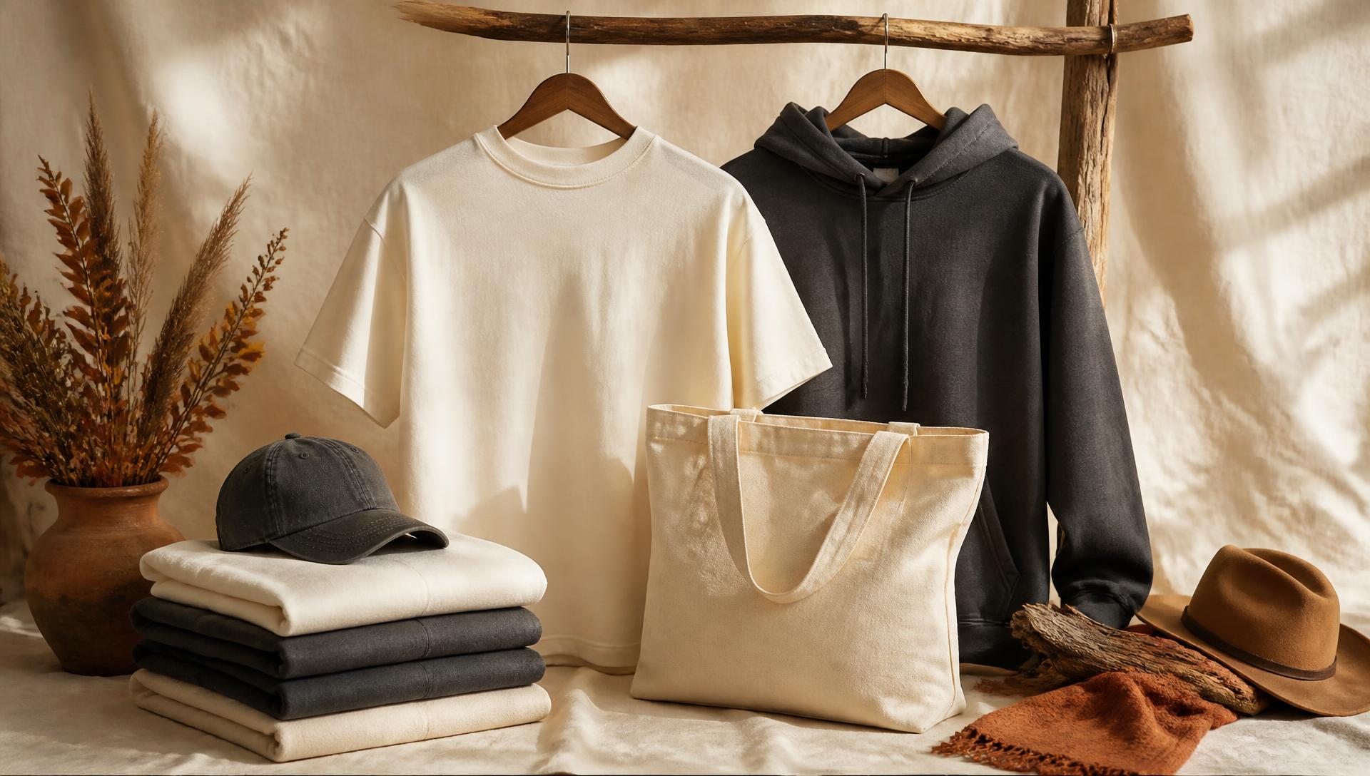 Merchandising Learn with Johnny: t-shirt panna, felpa antracite, borsa in tela e cappellino su lino caldo