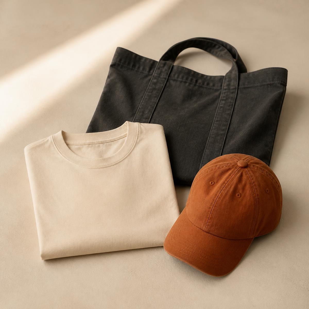 Folded cream t-shirt, charcoal tote bag and rust-orange cap from the Learn with Johnny collection